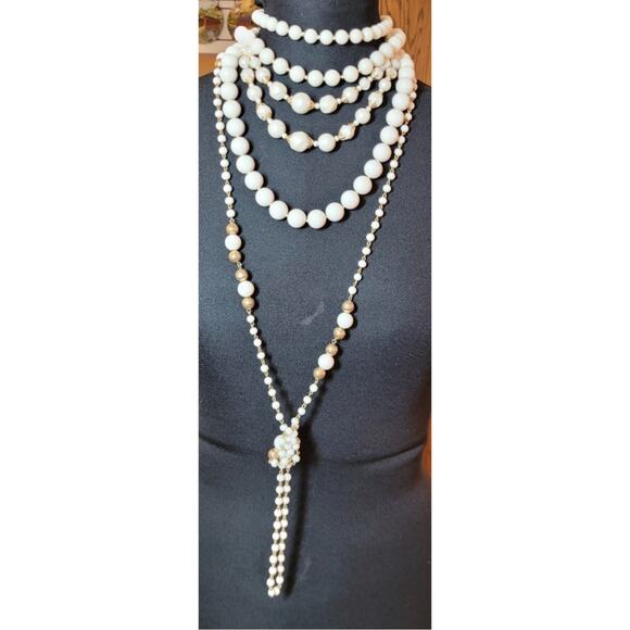 Vtg Costume Jewelry Lot White Beaded Necklaces Clip On Earrings W Germany Japan - Picture 8 of 9